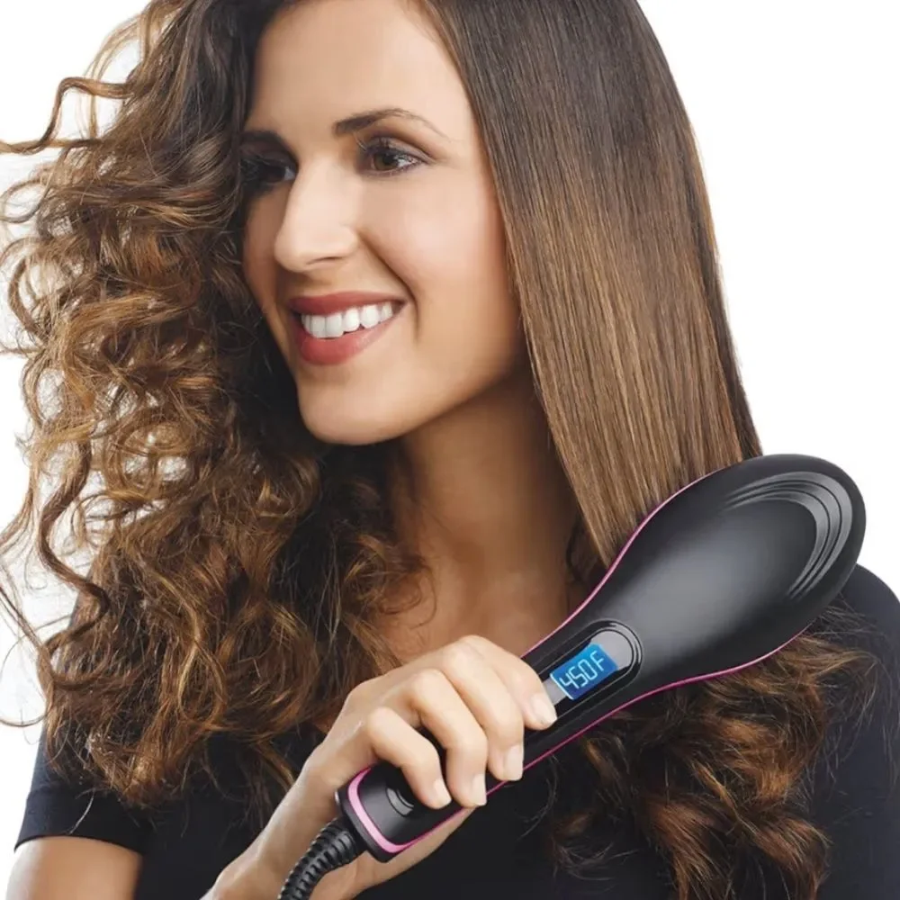 Simply Straight Ceramic Hair Straightening Brush, Black/Pink